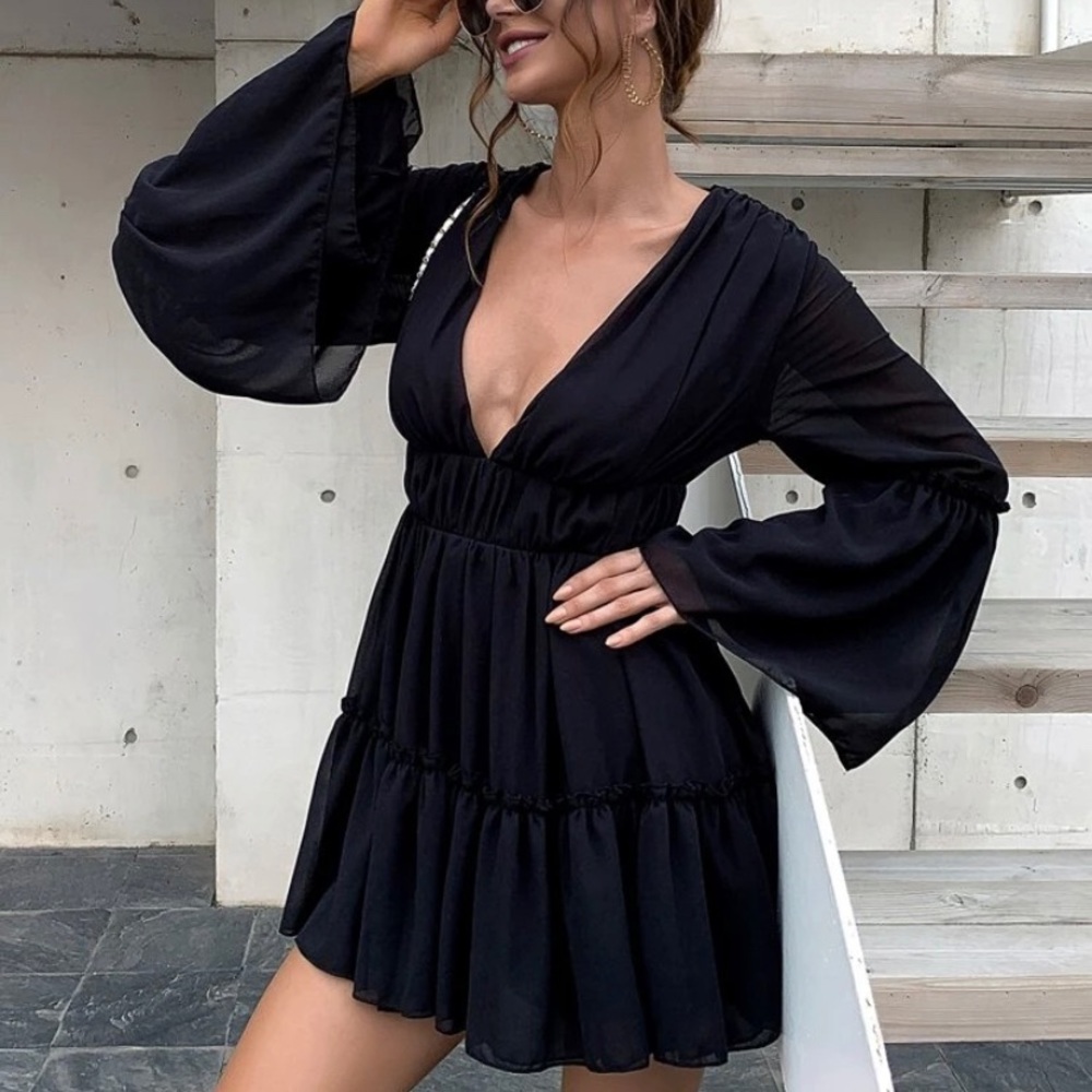 Plunging neckline ruffle dress